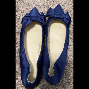 J Crew NIB Lottie Frayed-bow flats in satin navy size 12M